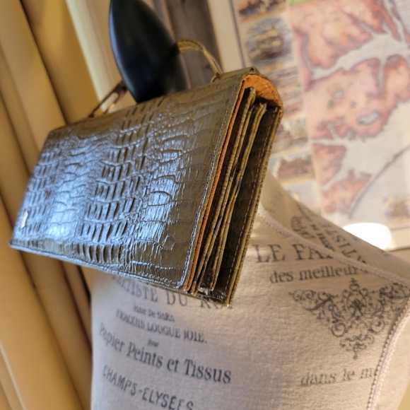 Genuine Leather True Vintage Sliding Hinge Top Handle Clutch Handbag Suede int. - Picture 9 of 12